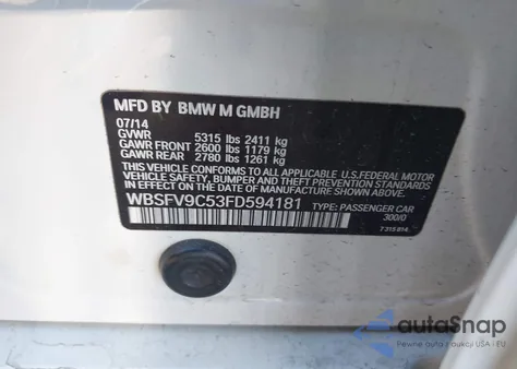 2015 BMW M5 from USA, damaged, VIN WBSFV9C53FD594181